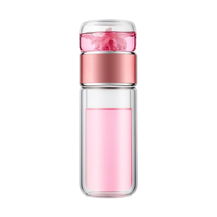 Бутилка с инфузер за чай, WALALLA, Стъкло, 420 ml, Розово
