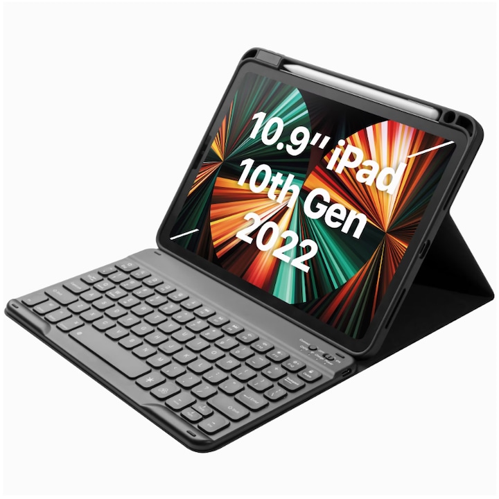 Калъф за клавиатура за Apple iPad, съвместим с iPad 10th Gen 2022, 10.9", 7-цветна осветена безжична клавиатура, Bluetooth 5.3, USB-C, поддръжка на писалка, черен