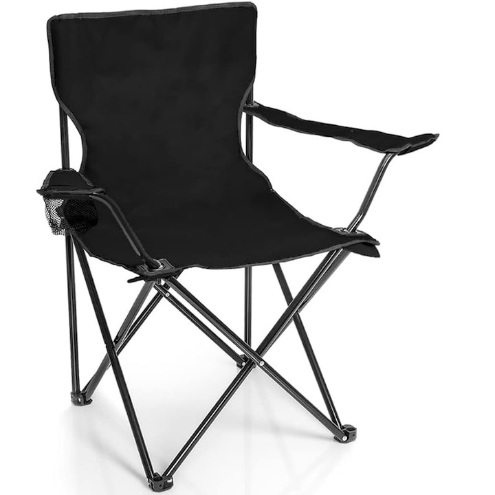 Сгъваем стол за къмпинг или риболов, Ronyes®, поставка за чаша, черен