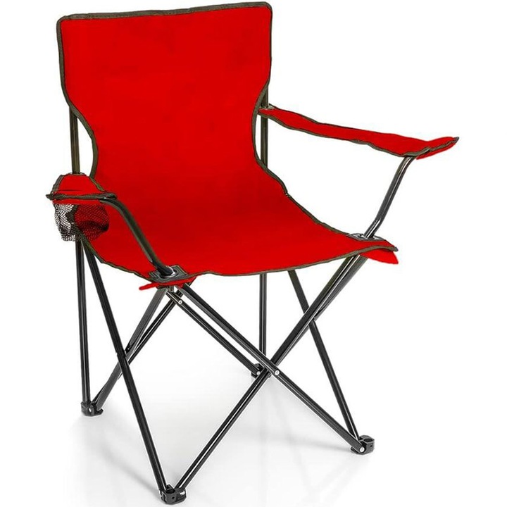 Сгъваем стол за къмпинг или риболов, Ronyes®, поставка за чаша, червен