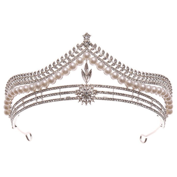 Tiara eleganta Valentine, model delicat cu frunzulite, floare si perle albe Argintiu
