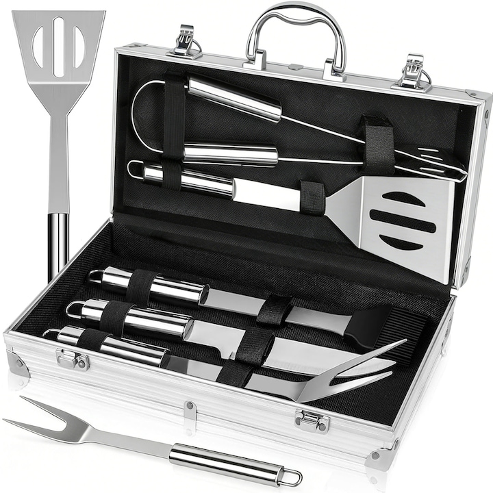 Set 5 Ustensile Gratar Otel Inoxidabil, BYONDSELF®, cu Cutie de Depozitare din Aluminiu, Include Pensule, Clesti, Lopata, Furculita, Cutit, Perfect Accesorii Gratar Cadou