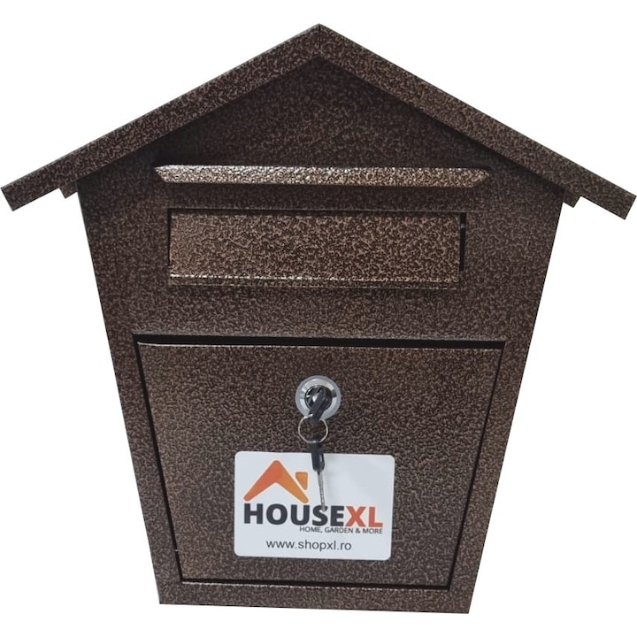 Метална пощенска кутия с 2 ключа HouseXL® MailBox, Размер 36X35.5X9.5 cm, Боядисана в електростатично поле, Дебел лист, Модел на трапецовидна кутия, Кафяв удар с чук