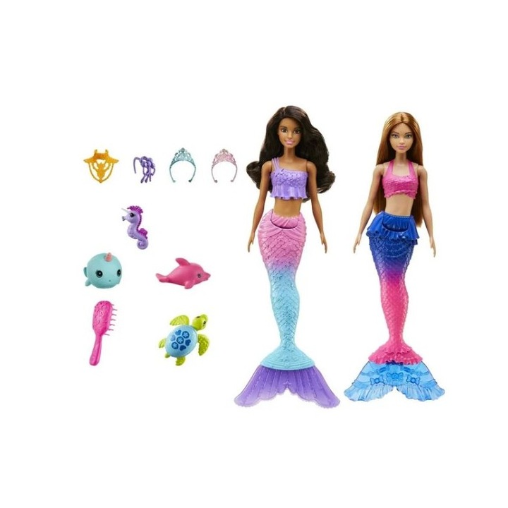 Barbie Dreamtopia sellő baba szett, 2 sellő és 4 tengeri állat, barna haj, 3 év+