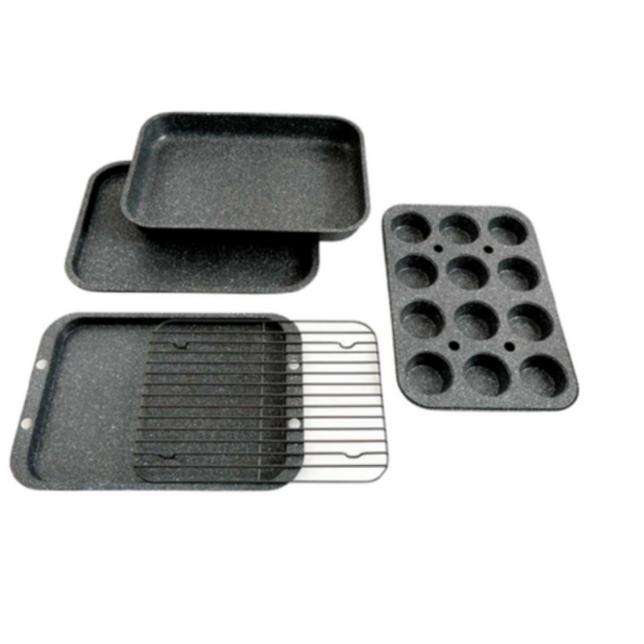 Set tavi cuptor din 5 piese, Merystyle, acoperit cu marmura antiaderent, Negru