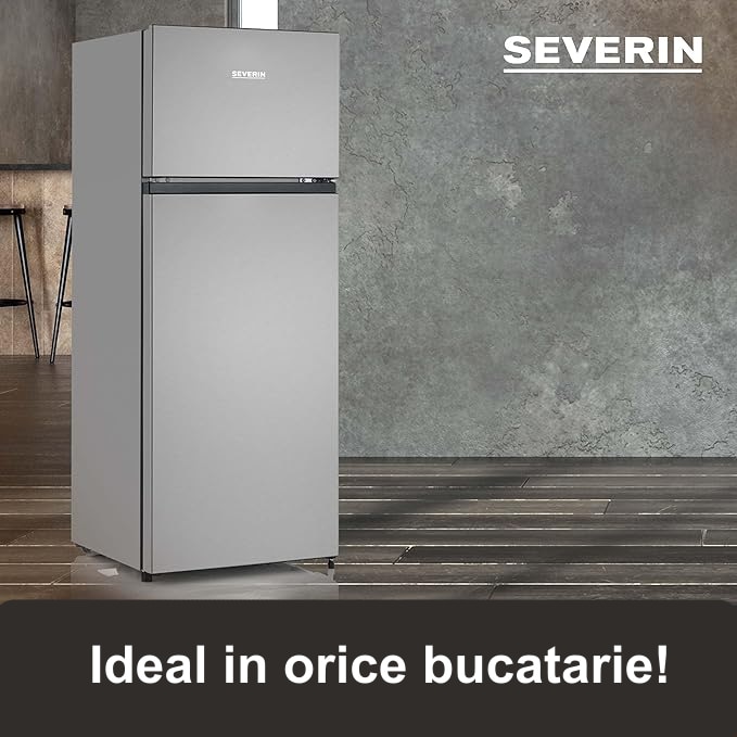 Frigider Severin, H 143.4 cm, capacitate 205 l, consum redus, 3 rafturi din sticla securizata, compartiment pentru fructe/legume, 3 rafturi pe usa, control temperatura, usi reversibile, tava pentru gheata, compartiment pentru congelare 41 l, gri