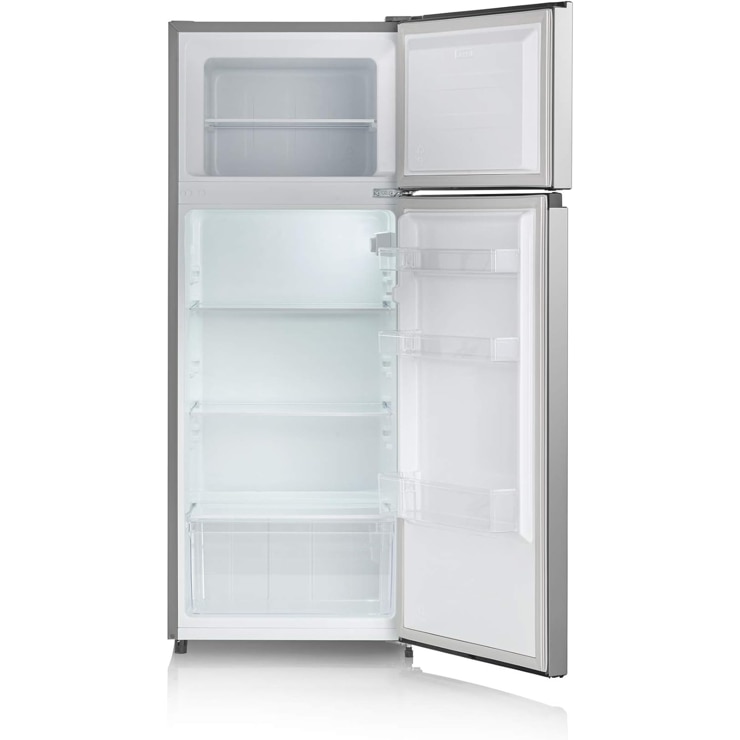 Frigider Severin, H 143.4 cm, capacitate 205 l, consum redus, 3 rafturi din sticla securizata, compartiment pentru fructe/legume, 3 rafturi pe usa, control temperatura, usi reversibile, tava pentru gheata, compartiment pentru congelare 41 l, gri