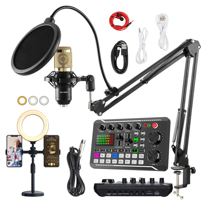 Microfon condensator BM-800 cu set de placa de sunet live cu inel si suport pentru telefon, WALALLA, pachet de echipamente pentru podcast cu functii de schimbare a vocii si mixer