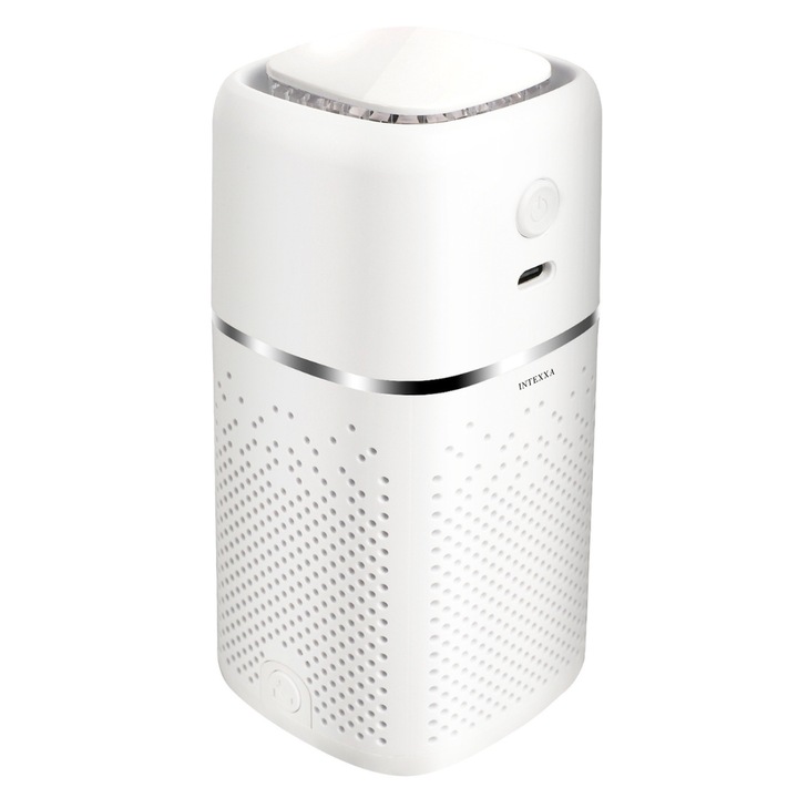 Purificator de Aer Auto INTEXXA®, Ionizare negativa, Filtru True HEPA si Carbune Activ, Elimina mirosurile, Formaldehida, Polenul, Fumul, Praful, Acoperire 10m3, USB C, Portabil, Alb