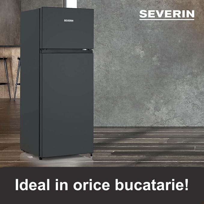 Frigider Severin, H 143.4 cm, capacitate 205 l, consum redus, 3 rafturi din sticla securizata, compartiment pentru fructe/legume, 3 rafturi pe usa, control temperatura, usi reversibile, tava pentru gheata, compartiment pentru congelare 41 l, negru