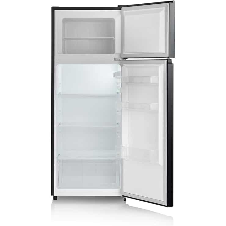 Frigider Severin, H 143.4 cm, capacitate 205 l, consum redus, 3 rafturi din sticla securizata, compartiment pentru fructe/legume, 3 rafturi pe usa, control temperatura, usi reversibile, tava pentru gheata, compartiment pentru congelare 41 l, negru