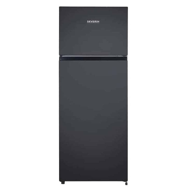 Frigider Severin, H 143.4 cm, capacitate 205 l, consum redus, 3 rafturi din sticla securizata, compartiment pentru fructe/legume, 3 rafturi pe usa, control temperatura, usi reversibile, tava pentru gheata, compartiment pentru congelare 41 l, negru