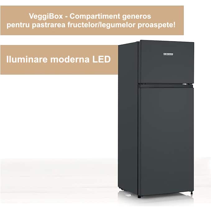 Frigider Severin, H 143.4 cm, capacitate 205 l, consum redus, 3 rafturi din sticla securizata, compartiment pentru fructe/legume, 3 rafturi pe usa, control temperatura, usi reversibile, tava pentru gheata, compartiment pentru congelare 41 l, negru
