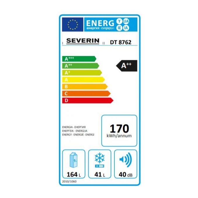 Frigider Severin, H 143.4 cm, capacitate 205 l, consum redus, 3 rafturi din sticla securizata, compartiment pentru fructe/legume, 3 rafturi pe usa, control temperatura, usi reversibile, tava pentru gheata, compartiment pentru congelare 41 l, gri