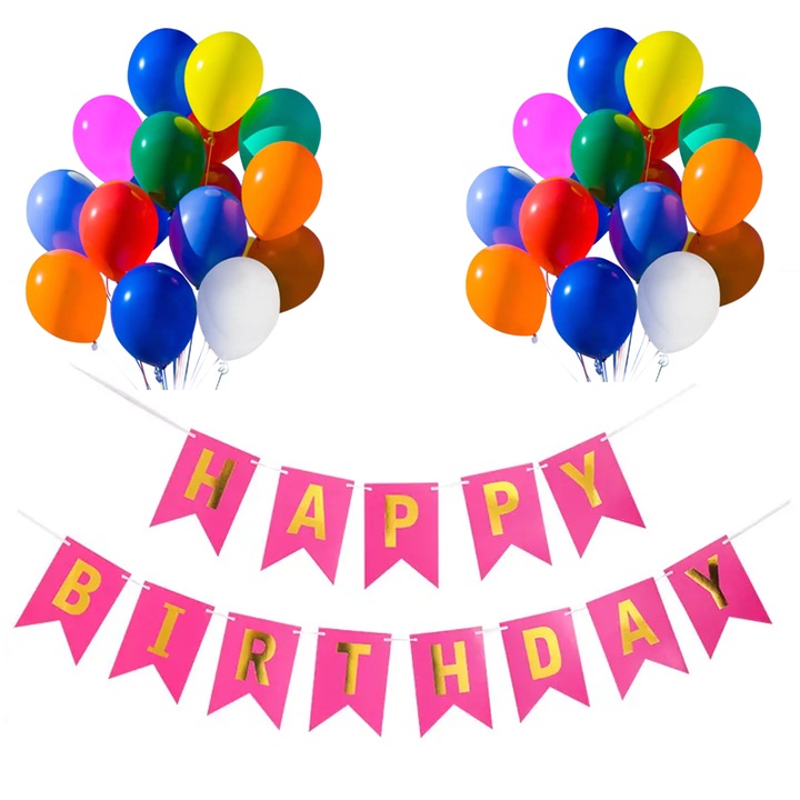 Set 20 baloane 30cm, Banner Happy Birthday Roz Inchis 12 x 17 cm