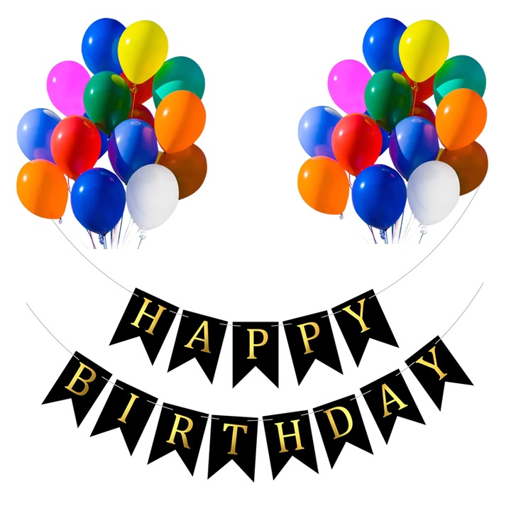 Set 20 baloane 30cm, Banner Happy Birthday Negru 12 x 17 cm