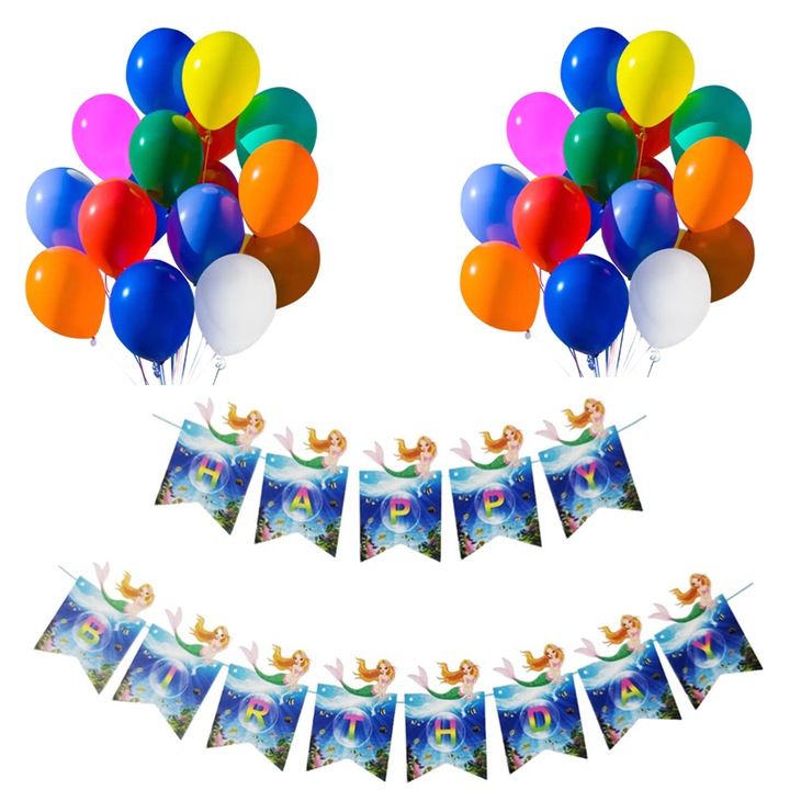 Set 20 baloane 30cm, Banner Happy Birthday Ocean, Sirena 12 x 17 cm