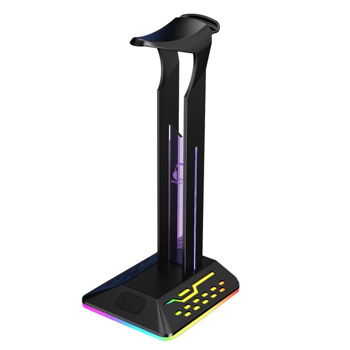 Suport casti gaming, JENOUS®, antiderapant, iluminare RGB, USB, moduri de lumina multiple, Negru