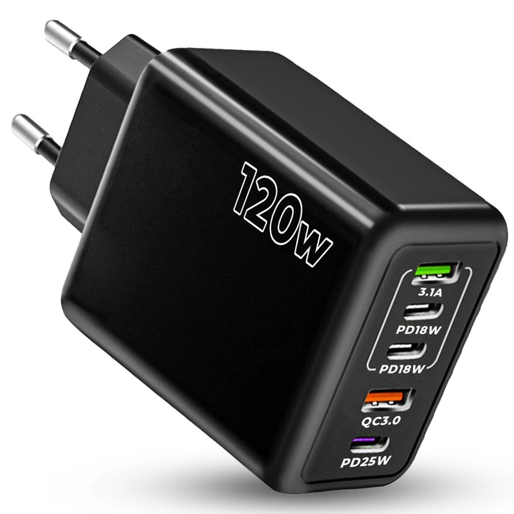 Incarcator Retea Timebox, 5 Porturi, 120W Fast Charge, 3 x Type-C, 2 x USB, Compatibil iPhone, Samsung, Huawei, Negru