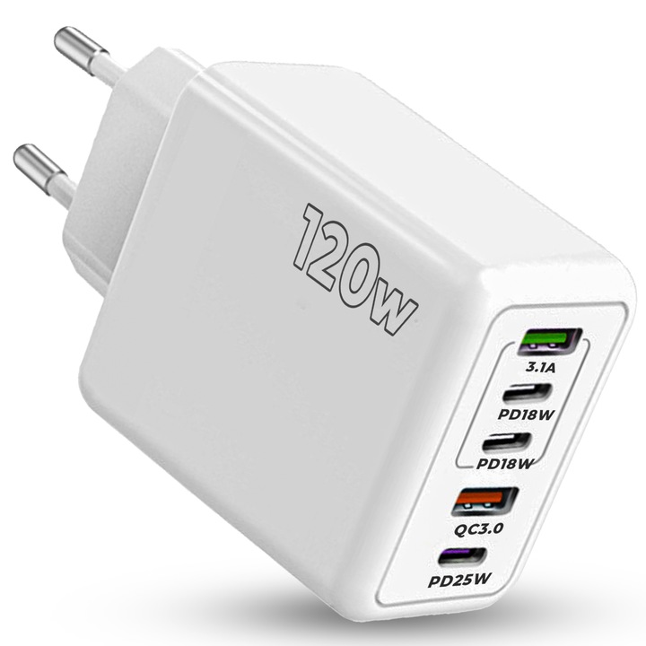 Мрежово зарядно устройство Timebox, 5 порта, 120 W бързо зареждане, 3 x Type-C, 2 x USB, съвместимо с лаптоп, iPhone, Huawei, Samsung, бял