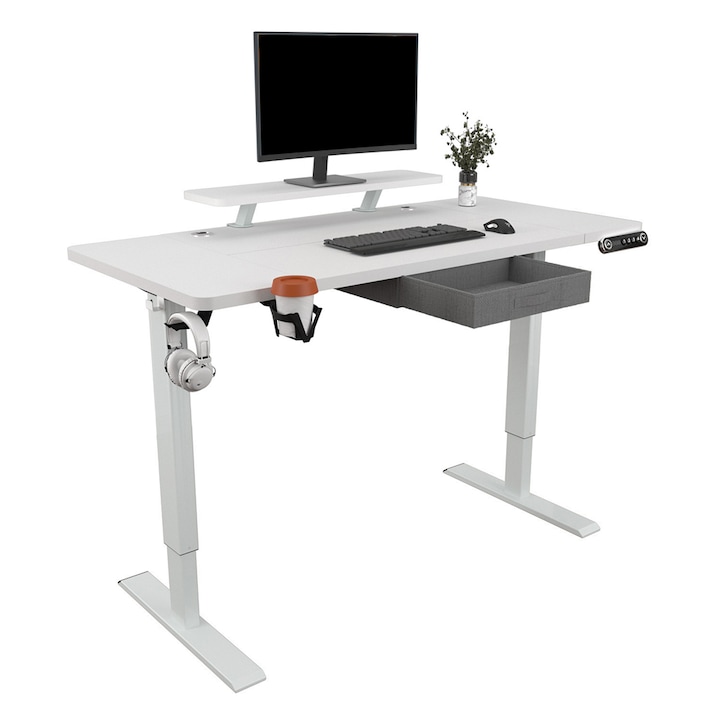 Birou reglabil electric pe inaltime, Top 140x76cm, MDF/Otel, Cu inaltime reglabila electric, Gudewill, Masa cu laminat si sertare, Functii de Memoriea, Alb