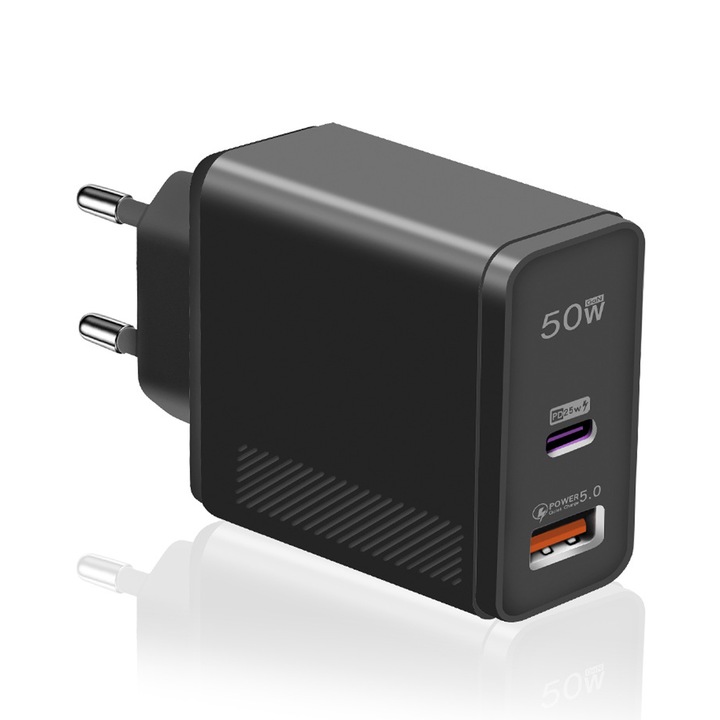 Мрежово зарядно устройство Timebox, 2 порта, 50 W бързо зареждане, 1 x Type-C, 1 x USB, съвместимо с iPhone, Huawei, Samsung, черно