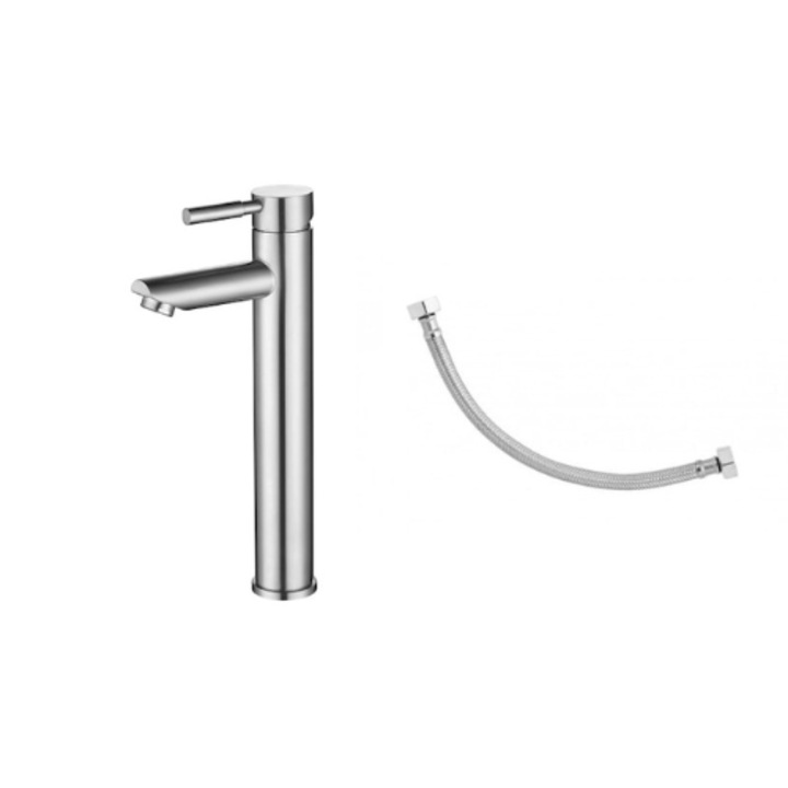 Set Baterie Inox lavoar T-POLE, Inaltime 28.5 cm +Racord flexibil pentru apa, 1/2"x1/2", 100cm