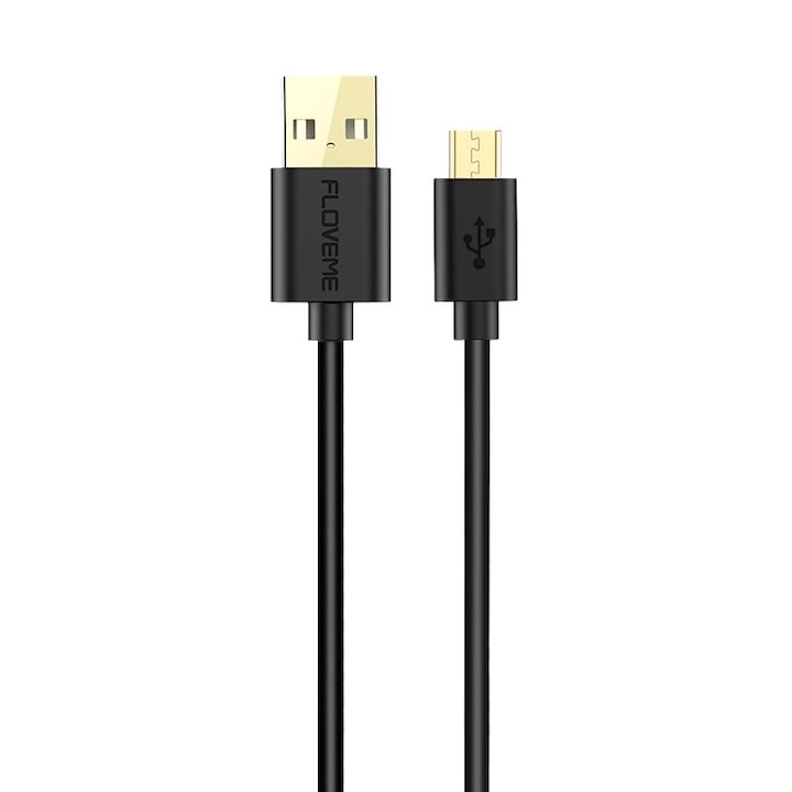 Adatkábel és gyorstöltés 2A, microUSB, 1m, fekete, eredeti Floveme, PVC