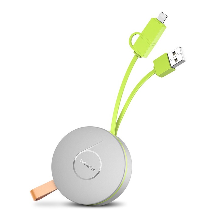 Adatkábel és gyorstöltés 2.1A, 2in1 microUSB és Apple Lightning, visszahúzható tekercs 1m, szürke, eredeti Floveme