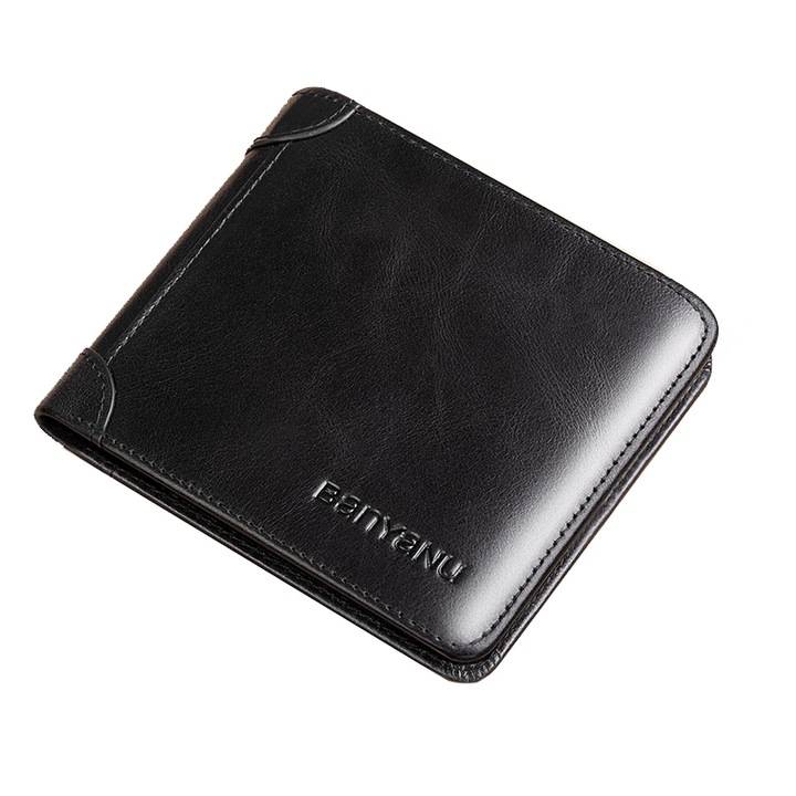 Мъжки портфейл с RFID блокиране, Xinxu, джоб за лична карта, естествена кожа, сгъваем, черен