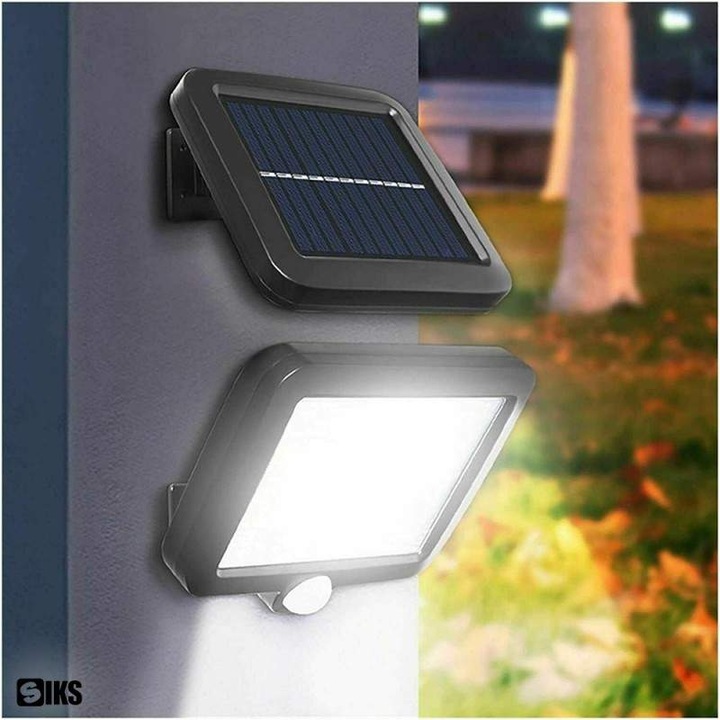 Lampa Solara LED SIKS Cu Telecomanda, Ajustabila, 120 COB LED, Senzor De Miscare Si Lumina, Baterie Inclusa 1200 mAh, 260 LM, Lungime Cablu 5 Metri, Rezistenta La Apa, Negru