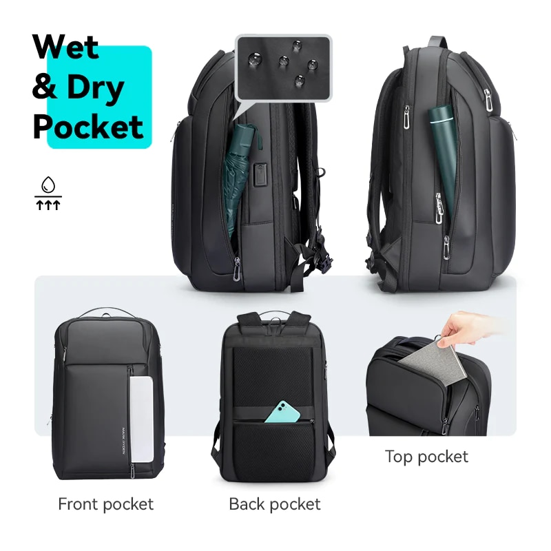Ghiozdan Mark Ryden multifunctional, capacitate 35L, compatibil cu laptop 15.6 inch, iPad 11 inch, full impermeabil, port USB si micro USB, antifurt, unisex, fermoare YKK, negru, 46 x 31 x 18 cm