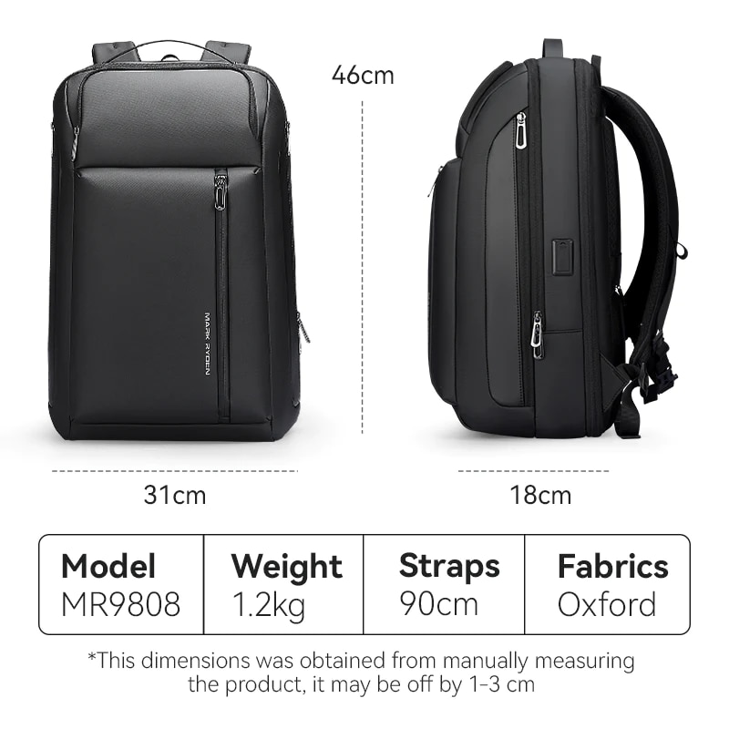 Ghiozdan Mark Ryden multifunctional, capacitate 35L, compatibil cu laptop 15.6 inch, iPad 11 inch, full impermeabil, port USB si micro USB, antifurt, unisex, fermoare YKK, negru, 46 x 31 x 18 cm