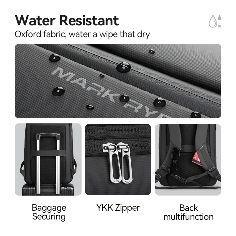 Ghiozdan Mark Ryden multifunctional, capacitate 35L, compatibil cu laptop 15.6 inch, iPad 11 inch, full impermeabil, port USB si micro USB, antifurt, unisex, fermoare YKK, negru, 46 x 31 x 18 cm