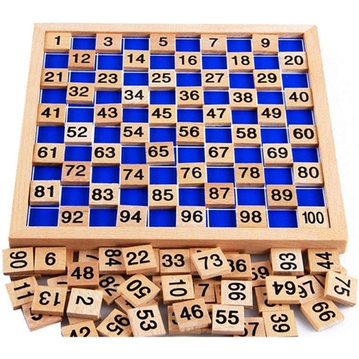 Joc educativ Montessori, set 100 blocuri numere lemn, tabla, sac depozitare, 21.5x21.5cm