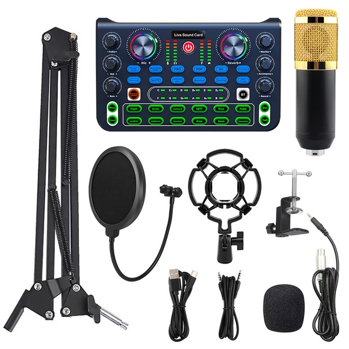 Set Microfon Profesional plus X60 Mixer, WALALLA, BM 800, Cu Placa De Sunet Mixer Suport Metalic Si Pop Filtre, Negru/Auriu