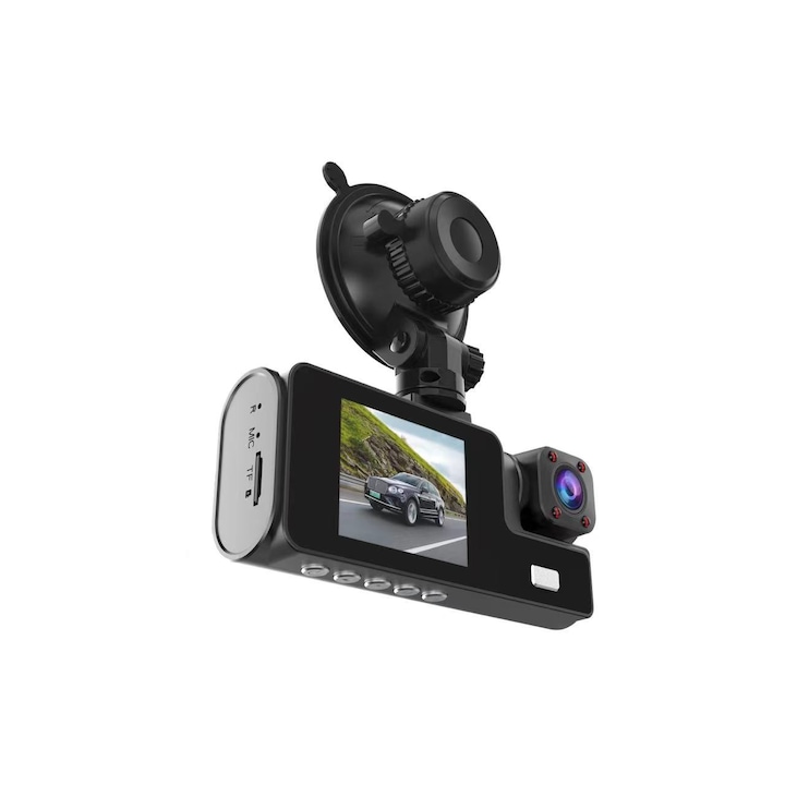 Видеорегистратор Full HD 1080P DVR, PRO камера, Dash Cam 3 предни-вътрешни-задни лещи, 170° ултра-широк ъгъл, 2" дисплей, нощно виждане HD, двойно записване, циклично записване, G-сензор, откриване на движение, черен