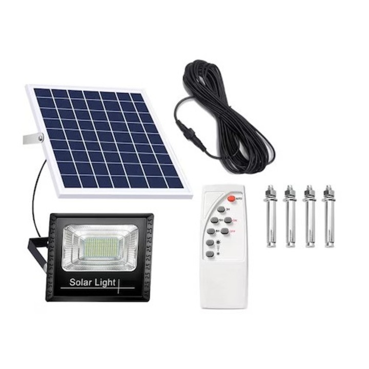 Set Proiector Cu LED 381 SMD, Clasa A++, Putere 100W, Panou Solar, Telecomanda Cu Functii Multiple, Baterii Incluse, Rezistent La Apa IP66, Negru, Miromoto®