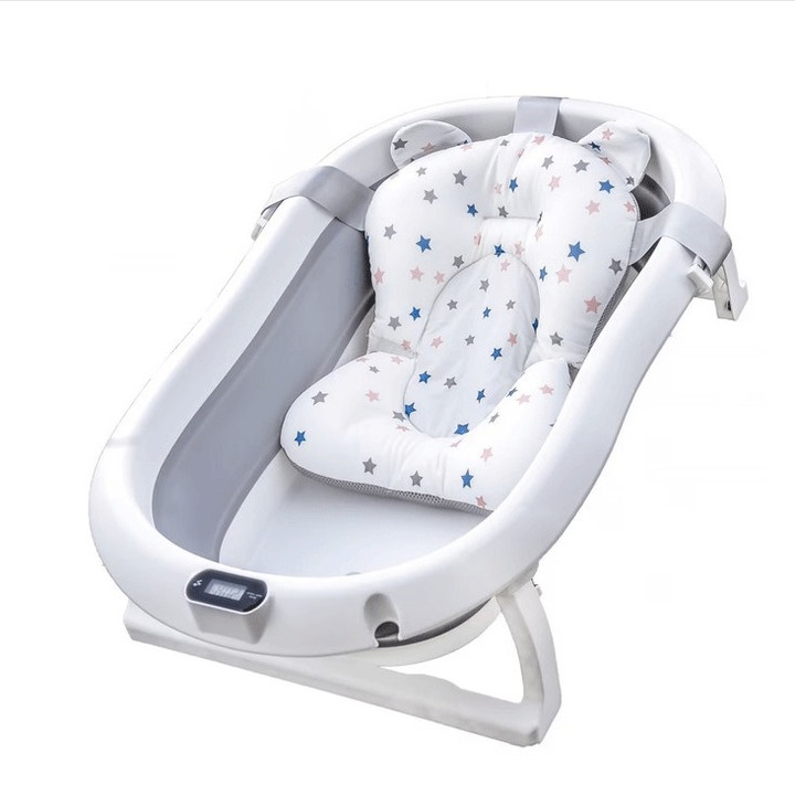 SIKS Сгъваема бебешка вана Premium с опора за възглавница, вграден електронен термометър, анатомични, неплъзгащи се крачета, тапа за източване, куки, размер 80x50x20, бяла