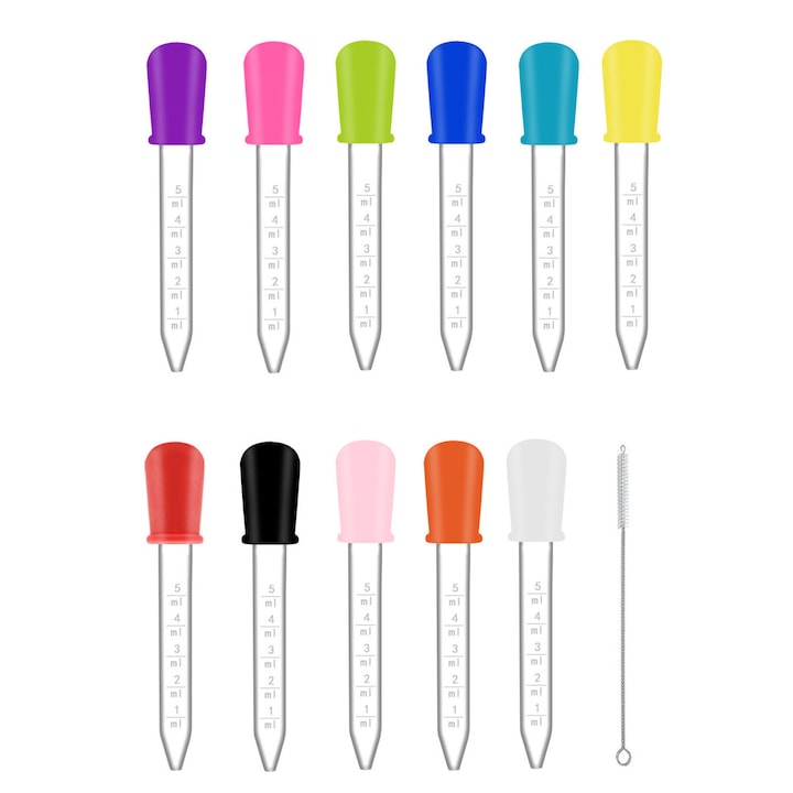11 db-os pipetta készlet gyógyszerek adagolásához, Axroad Mall, 5 ml, Ecsettel, Levehető, Könnyen tisztítható, Cukorka és fondant készítéshez, kreatív tevékenységekhez, ragasztócseppekhez és ételdíszekhez, Szilikon, 12,4*1,4 cm, Többszínű