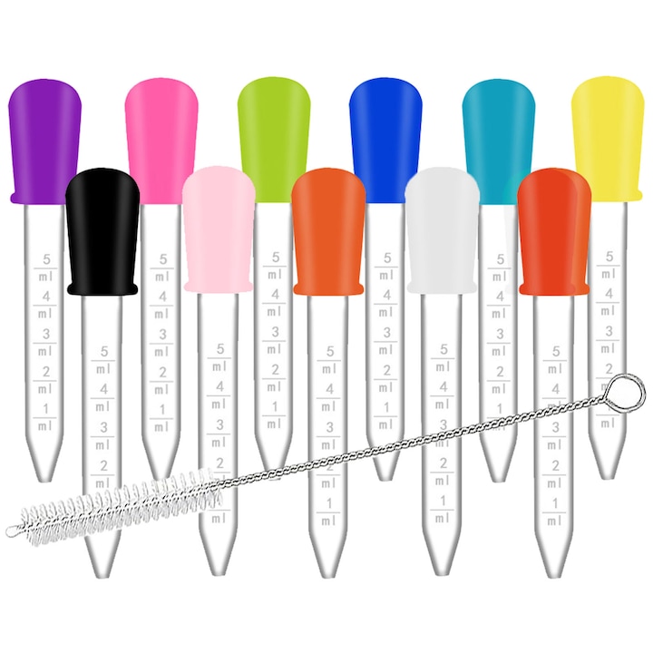 Set 11 pipete pentru distribuirea medicamentelor, Axroad Mall, 5 ml, Cu perii, Detasabil, Usor de curatat, Pentru confectionarea de bomboane si fondant, activitati creative, picaturi de lipici si decoratiuni alimentare, Silicon, 12.4*1.4 cm, Multicolor