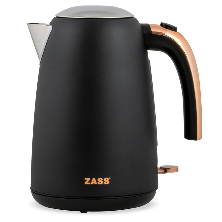 Fierbator electric Zass ZCK 21 Rose Gold, 2200 W, 1.7 L, Corp din Inox, Baza rotativa 360°, Indicator nivel apa, Negru mat