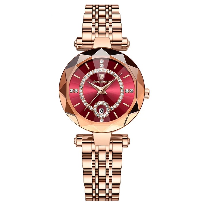 Дамски часовник Delis Poedagar CS1495, Неръждаема стомана, Розово златист, Червен циферблат