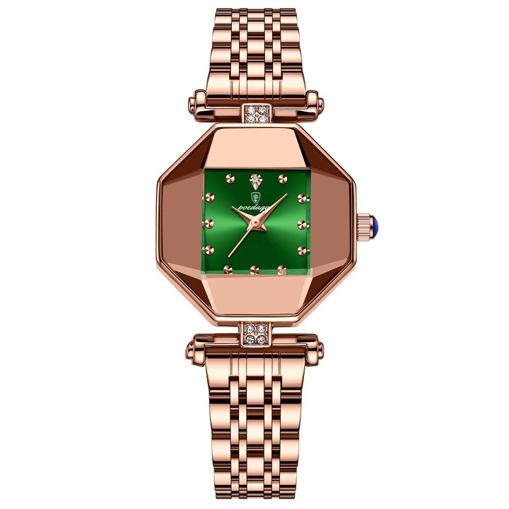 Дамски часовник Delis Poedagar CS1507, Неръждаема стомана, Розово златист, Зелен циферблат