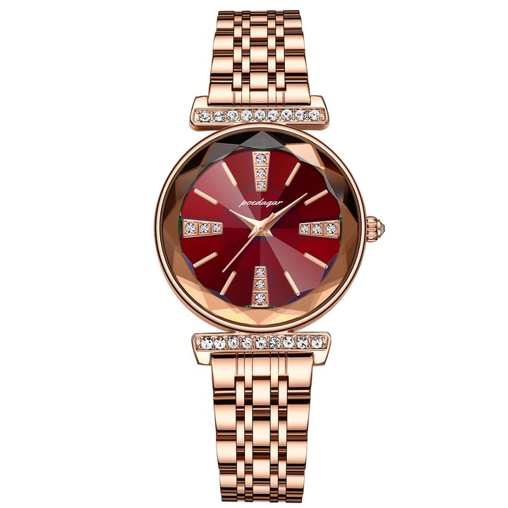 Дамски часовник Delis Poedagar CS1510, Неръждаема стомана, Розово златист, Червен циферблат