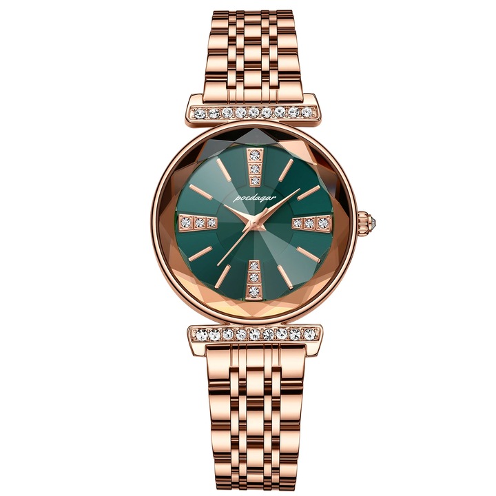 Дамски часовник Delis Poedagar CS1511, Неръждаема стомана, Розово златист, Зелен циферблат