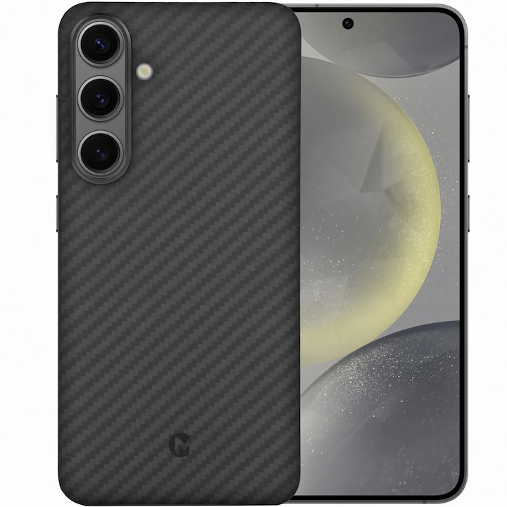 Husa de protectie Kevlar MProtect® Premium din fibra de aramida pentru Samsung Galaxy S24, Incarcare wireless, MagSafe, Antisoc, Protectie camera, Inel aluminiu, Ultra Safe, Carbon