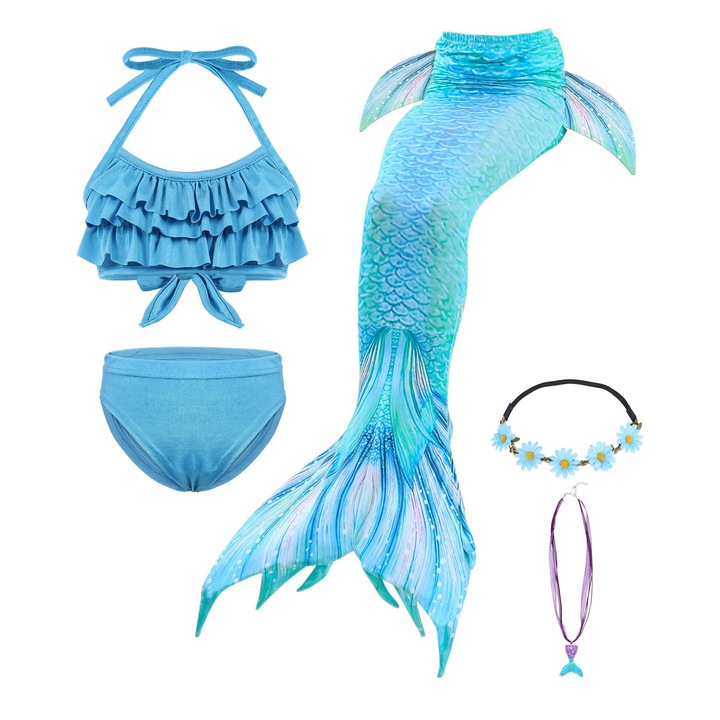 Бански костюм за момичета, Модел на принцеса русалка, Party Chili®, Комплект от 5 части, Тема за лятно парти, Ден на детето, Син, Полиестер, Син