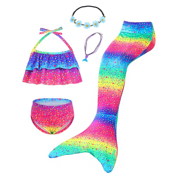 Costum de baie fetite, Model Sirena Printesa, set 5 piese, Party Chili®, Cu colier si ghirlanda, Tematica petrecere de vara, Ziua Copilului, Multicolor, Poliester, Multicolor