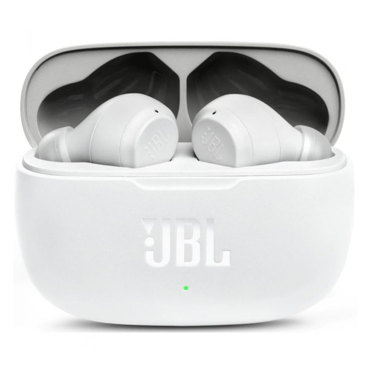 Безжични слушалки за поставяне в ушите с кутия за зареждане, Bluetooth 5.0, USB-C кабел за зареждане, 20 часа автономност, 500mAh батерия на кутията, LED осветление, бяло